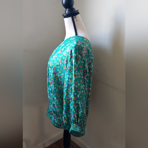 Mayeelok 100% Silk blouse shirts green floral flower size large 3/4 puffy elasti - Picture 5 of 12